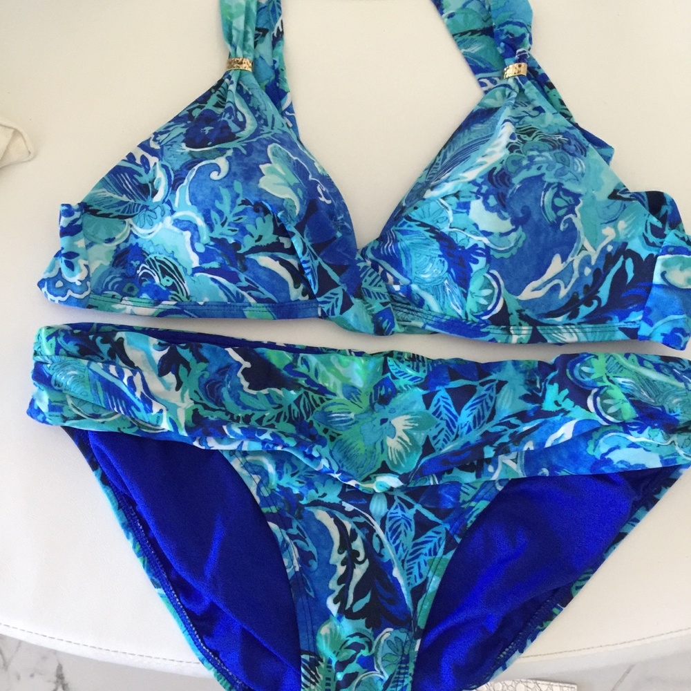 NWOT Ralph Lauren Blue Print Halter Bikini Top & Bottom Size 8